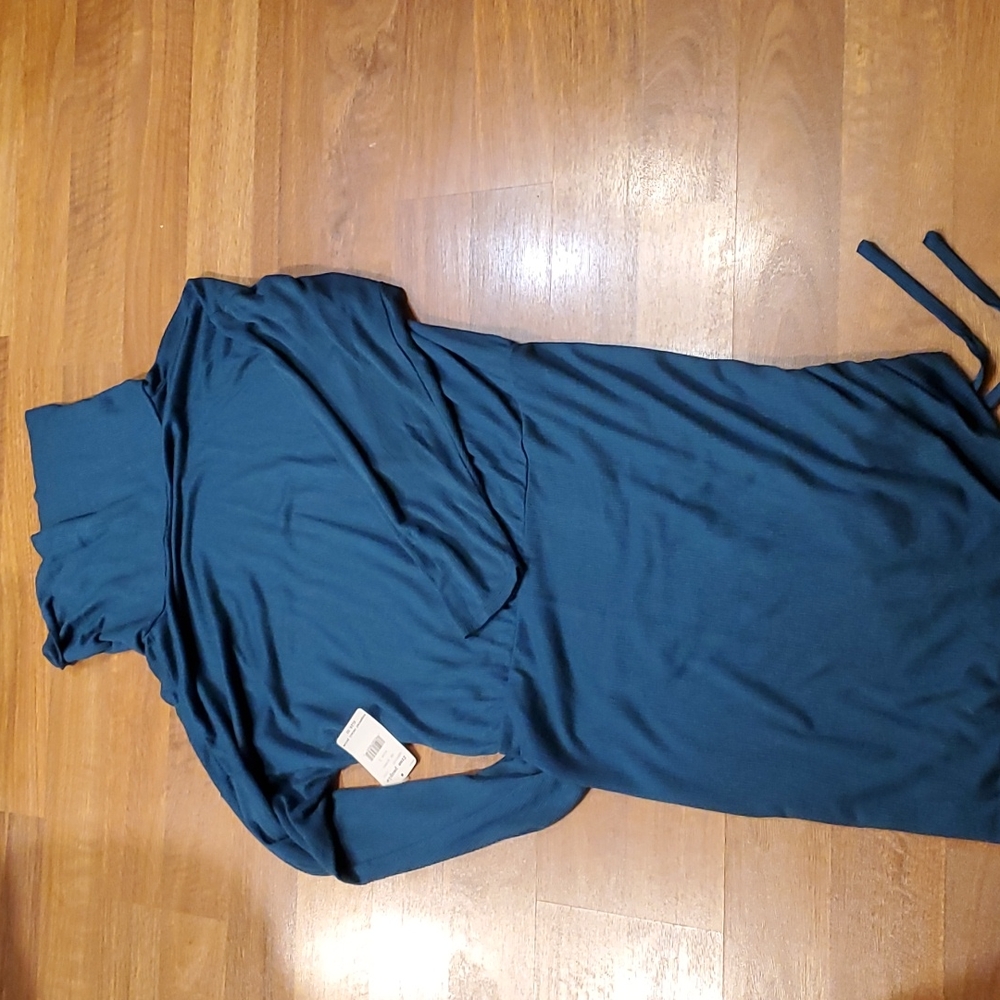 Free People Sundown Cowl blue neck ruched midi sneath dress long sleeves Large - Picture 10 of 13